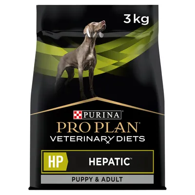 3kg bag labelled Pro Plan Veterinary Diets HP Hepatic, for puppy and adult, with image of a dog on the packaging.