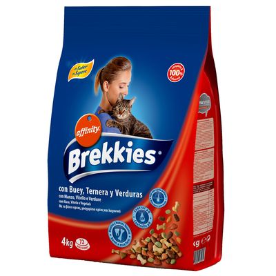 Saco de 4 kg de Brekkies affinity para gatos, con buey, ternera y verduras. Incluye texto: '+Sabor +Sopore', 'Completo 100% balanceado', '72 raciones'. Imagen de un gato.