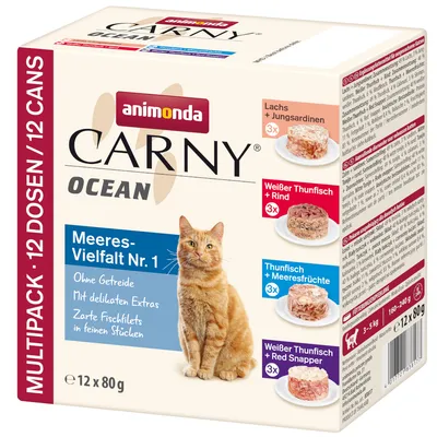 Animonda Carny Ocean Meeres-Vielfalt Nr. 1, Multipack mit 12 Dosen à 80g. Ohne Getreide, zarte Fischfilets in feinen Stücken. Sorten: Lachs+Jungsardinen, Weisser Thunfisch+Rind, Thunfisch+Meeresfrüchte, Weisser Thunfisch+Red Snapper.