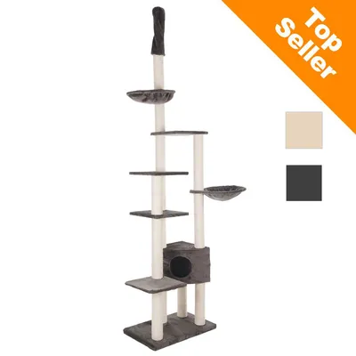 Klatremiljø til katte med flere platforme, to hængesenge og en hule. Vises i grå farve. Tekst: Top Seller. To farvevalg vises: beige og mørkegrå.