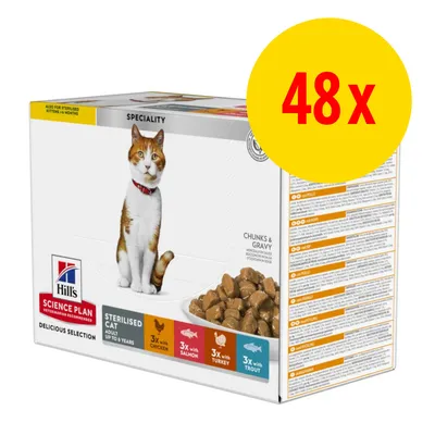 Hill's Science Plan Sterilised Cat Delicious Selection, 48x Portionsbeutel mit Huhn, Lachs, Truthahn und Forelle. Für sterilisierte Katzen bis zu 6 Jahren. Hill's Science Plan Sterilised Cat Delicious Selection, 48x Portionsbeutel mit Huhn, Lachs, Truthahn und Forelle. Für sterilisierte Katzen bis zu 6 Jahren.
