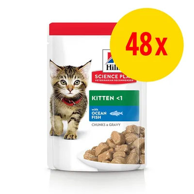Hill's Science Plan Kitten <1 mit Ocean Fish, Chunks & Gravy. Verpackung zeigt 48x Portionsbeutel für Kätzchen unter einem Jahr.