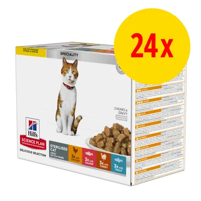 Hill's Science Plan Sterilised Cat Delicious Selection, 24x Portionsbeutel mit Huhn, Lachs, Truthahn und Forelle in Soße. Hill's Science Plan Sterilised Cat Delicious Selection, 24x Portionsbeutel mit Huhn, Lachs, Truthahn und Forelle in Soße.