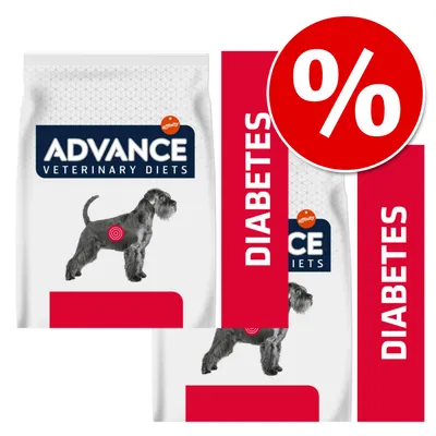 Advance Veterinary Diets, napis DIABETES na czerwonym tle, symbol procentu. Opakowanie z wizerunkiem psa i logo affinity.