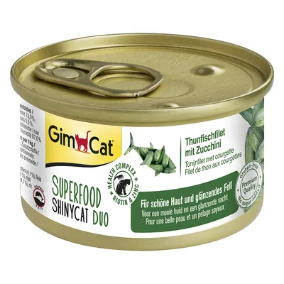 GimCat Superfood ShinyCat Duo filete de atún con calabacín. Health Complex con biotina y zinc. Para piel sana y pelaje brillante. Sin gluten, calidad premium, sin azúcar añadido.