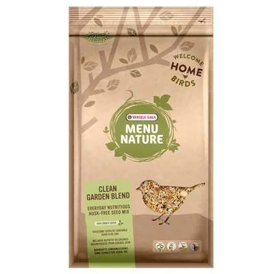 Sac Versele-Laga Menu Nature Clean Garden Blend, mélange de graines décortiquées pour oiseaux, texte en anglais et autres langues, illustration d’un oiseau avec graines visibles.