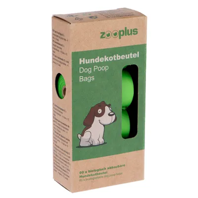 Zooplus βιοδιασπώμενες σακούλες για περιττώματα σκύλου, 60 τεμάχια. Συσκευασία με πράσινη σακούλα και σκύλο σε καρτούν.