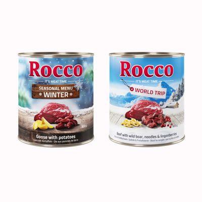 Due lattine Rocco: Seasonal Menu Winter, Goose with potato wedges; World Trip, Wild boar with spaetzle noodles & lingonberries. Etichetta arancione con testo: Provami!