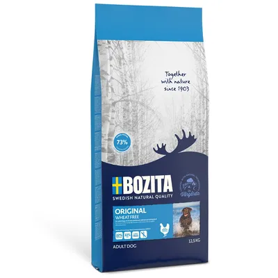 BOZITA Swedish Natural Quality Original Wheat Free adult hondenvoer, 12,5 kg. 73% dierlijke eiwitten, 22% eiwit, 13% vet. Tekst: Together with nature since 1903.
