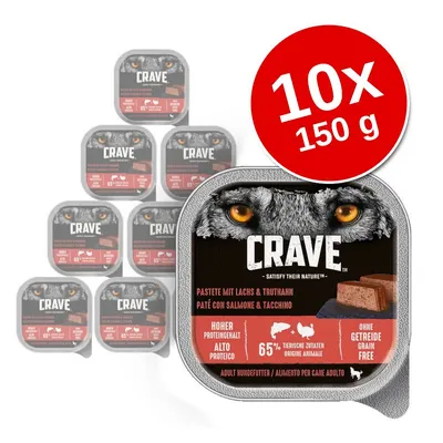 Zestaw 10 opakowań Crave, pasztet z łososiem i indykiem, każde 150 g. Widoczne napisy: 65% składników zwierzęcych, bez zbóż, wysoka zawartość białka.