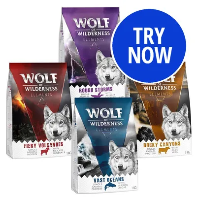 Wolf of Wilderness Elements food range: Fiery Volcanoes with silicate minerals, Rough Storms with alfalfa, Rocky Canyons with aloe vera, Vast Oceans with marine algae. Try now.