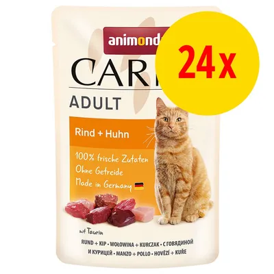 animonda Carny Adult Rind + Huhn, 24x. 100% frische Zutaten, Ohne Getreide, Made in Germany. Immagine di un gatto e pezzi di carne su confezione.