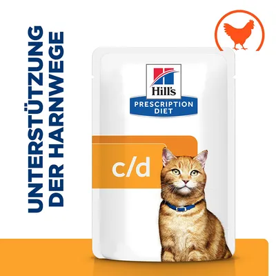 Hill's Prescription Diet c/d, Unterstützung der Harnwege, mit Huhn. Verpackung zeigt Produkt für Katzen.