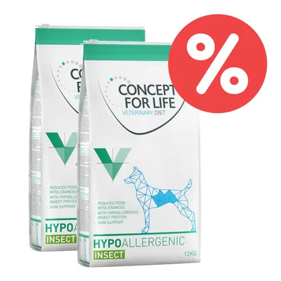 Concept for Life Veterinary Diet Hypoallergenic Insect, 12kg. Reduzierte Futterunverträglichkeiten mit hypoallergenem Insektenprotein und Hautunterstützung. Prozent-Symbol für Rabatt.