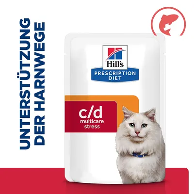 Hill's Prescription Diet c/d Multicare Stress. Unterstützung der Harnwege. Verpackung mit Fischsymbol.