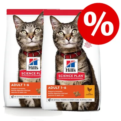 Hill's Science Plan Adult 1-6 kattefoder med kylling, tekst: Supports immunity, healthy digestion and lean muscles in adult cats. Tilbudssymbol med procenttegn.
