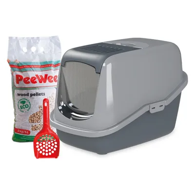Grå kattebakke med svingdør, rød skovl og pose PeeWee wood pellets 3 kg/5 l. Tekst på posen: ECO, 100 % naturligt træ.