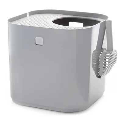Graue Katzentoilette mit obenliegendem Einstieg, perforierter Oberfläche und seitlich befestigter Streuschaufel.