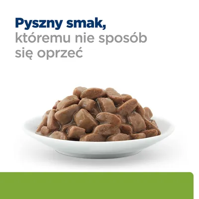Mokra karma w sosie na białym talerzu. Widoczny tekst: Pyszny smak, któremu nie sposób się oprzeć.