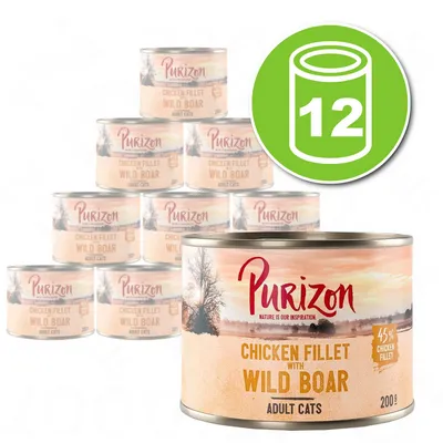 Lot de 12 boîtes Purizon Chicken Fillet with Wild Boar pour chats adultes, 200 g, 45 % chicken fillet visible sur l’emballage. Lot de 12 boîtes Purizon Chicken Fillet with Wild Boar pour chats adultes, 200 g, 45 % chicken fillet visible sur l’emballage.