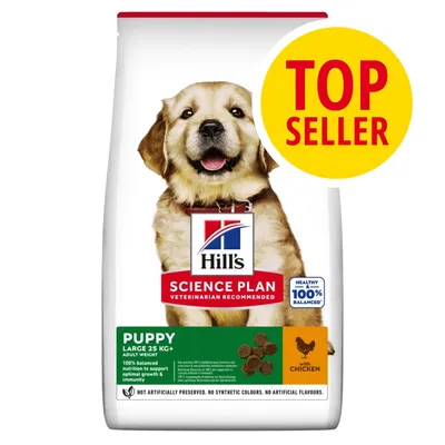 Hill's Science Plan Puppy Large 25 kg+ con pollo, confezione con immagine di cucciolo, etichetta TOP SELLER, testo: 100% balanced nutrition, healthy 100% balanced.