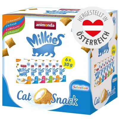 animonda Milkies Cat Snack Selection, 6 x 30g, Sorten: 2x Harmony, 2x Fresh, 1x Wellness, 1x Balance. Hergestellt in Österreich. animonda Milkies Cat Snack Selection, 6 x 30g, Sorten: 2x Harmony, 2x Fresh, 1x Wellness, 1x Balance. Hergestellt in Österreich.