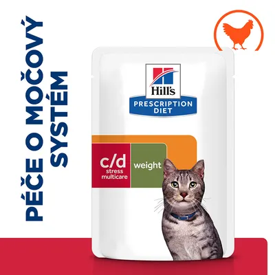 Hill's Prescription Diet c/d stress multicare weight pro kočky, péče o močový systém, vyobrazený obal s obrázkem kočky a symbolem kuřete v pravém horním rohu.
