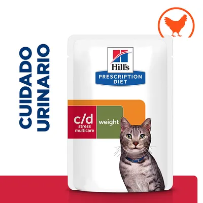Hill's Prescription Diet c/d stress multicare weight para gatos. Texto visible: CUIDADO URINARIO. Imagen de un gato y símbolo de pollo en la esquina superior derecha. Hill's Prescription Diet c/d stress multicare weight para gatos. Texto visible: CUIDADO URINARIO. Imagen de un gato y símbolo de pollo en la esquina superior derecha.