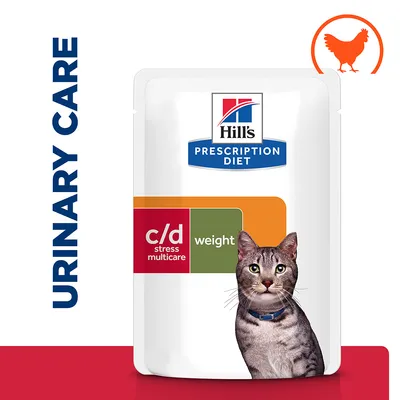 Urinary care, c/d stress multicare weight. Prescription diet food pouch with chicken symbol and image of a cat on the packaging.