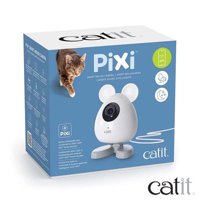 catit Pixi Smart-musekamera, emballage med billede af kamera og kat, henvisning til app-styring og forbindelse til andre catit Pixi-enheder.