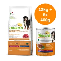 Natural Trainer Sensitive No Gluten, confezione da 12 kg crocchette e 6 lattine da 400 g, con agnello e cereali integrali, per cani adulti medium e maxi. Testo visibile: Made in Italy.