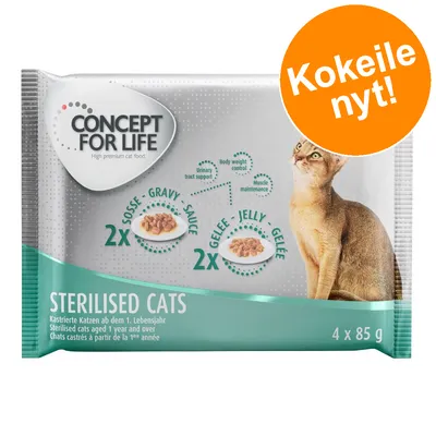 CONCEPT FOR LIFE Sterilised Cats, 4 x 85 g. 2 annospussia kastikkeessa, 2 hyytelössä. Teksti: Kokeile nyt! Näkyvissä myös englanninkieliset tuotekuvaukset ja kissa.
