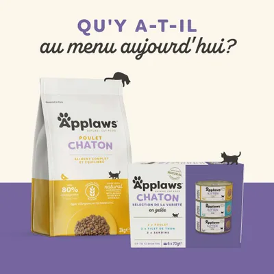Applaws Chaton Poulet Croquettes et sélection de nourriture humide avec des ingrédients naturels, hypoallergénique, pour chatons jusqu'à 12 mois. L'emballage indique les variétés : poulet, thon, sardine. Applaws Chaton Poulet Croquettes et sélection de nourriture humide avec des ingrédients naturels, hypoallergénique, pour chatons jusqu'à 12 mois. L'emballage indique les variétés : poulet, thon, sardine.