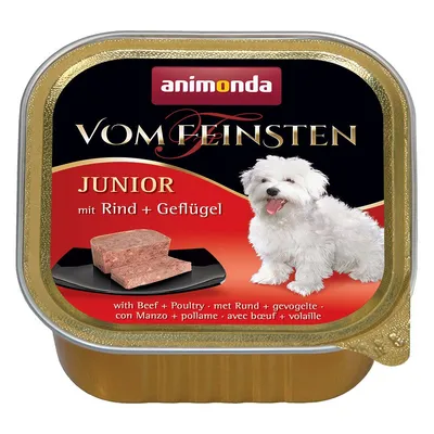 animonda Vom Feinsten JUNIOR mit Rind + Geflügel, widoczny kawałek karmy i biały pies na opakowaniu. Tekst: with Beef + Poultry, met Rund + gevogelte, con Manzo + pollame, avec bœuf + volaille.