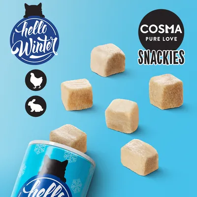 COSMA PURE LOVE SNACKIES, blue tub with 'hello Winter' text, several beige cube treats, chicken and rabbit icons visible on light blue background