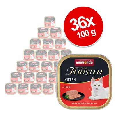 Animonda Vom Feinsten Kitten med nötkött, 36x100g. Våtfoder för kattungar med nötkött. Förpackningen visar en vit hankatt och foderbild.