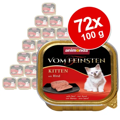 Animonda Vom Feinsten Kitten mit Rind, 72 x 100 g annospakkaus. Pakkauksessa kissanpentu ja naudanlihapala, näkyvissä tuotteen nimi ja määrä.