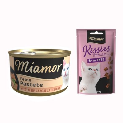 Miamor Feine Pastete mit Huhn, boîte de pâtée pour chat avec image d’un chat blanc et texte en allemand sur l’étiquette.