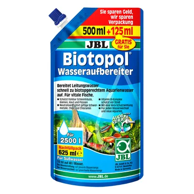 JBL Biotopol Wasseraufbereiter, embalagem de 500 ml + 125 ml grátis, indicado para 2500 l de água doce. Texto em alemão: informações sobre uso, ingredientes e benefícios para aquários.