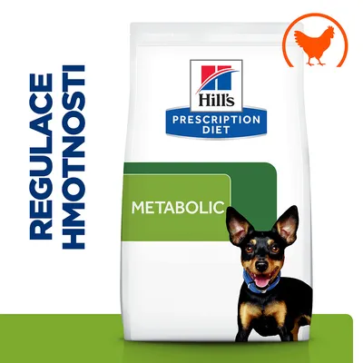 Hill's Prescription Diet Metabolic krmivo pre psov, nápis REGULACE HMOTNOSTI, symbol kuraťa v pravom hornom rohu, pes pred balením.
