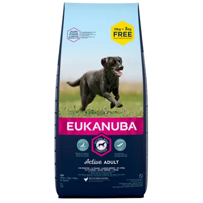 Συσκευασία Eukanuba Active Adult, προσφορά 15kg + 3kg δωρεάν. Εμφανίζεται σκύλος σε εξωτερικό χώρο. Ορατό το κείμενο: Optimal Body Condition, Active Adult, rich in fresh chicken. Συσκευασία Eukanuba Active Adult, προσφορά 15kg + 3kg δωρεάν. Εμφανίζεται σκύλος σε εξωτερικό χώρο. Ορατό το κείμενο: Optimal Body Condition, Active Adult, rich in fresh chicken.