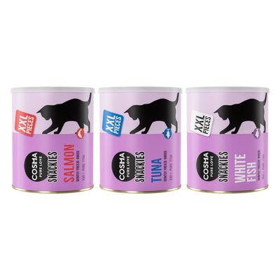 Three cans labelled XXL pieces, Cosma Pure Love Snackies Chicken, gently freeze-dried, 100% pure meat, with a percentage discount symbol shown.