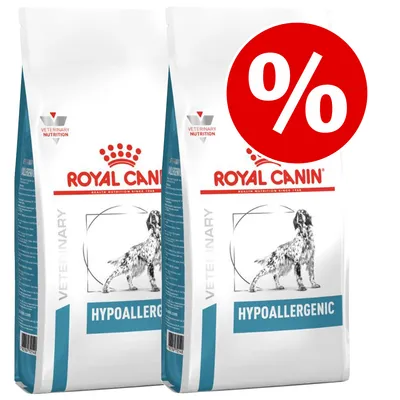 Kaksi Royal Canin Hypoallergenic -koiranruokapussia, pakkauksessa teksti 'Veterinary Nutrition' ja suuri punainen prosenttimerkki tarjouksen merkkinä.