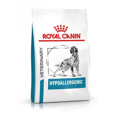 Royal Canin Veterinary Hypoallergenic. Verpackung mit Hundebild und blauem Label für hypoallergene Tiernahrung.