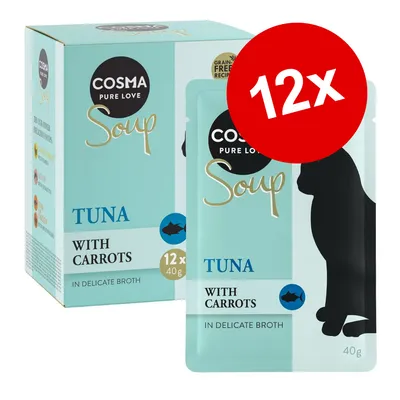 Cosma Soup Tuna with Carrots, 12 x 40 g annospakkaukset. Viljaton resepti näkyvissä pakkauksessa.