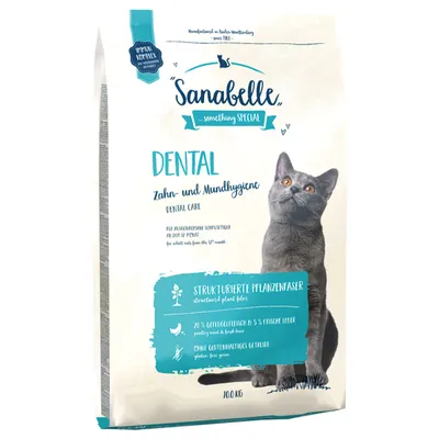 Sanabelle Dental cat food, dental and oral hygiene, structured plant fibres, 70% poultry meat & 5% fresh liver, gluten-free cereals, for adult cats from 12 months. Sanabelle Dental cat food, dental and oral hygiene, structured plant fibres, 70% poultry meat & 5% fresh liver, gluten-free cereals, for adult cats from 12 months.