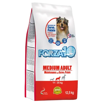 Saco de pienso Forza10 Medium Adult Maintenance con Cervo e Patate, 11–35 kg, 12,5 kg. Crocchette con ciervo y patata. Sin gluten. Made in Italy. Imagen de perro en el envase.