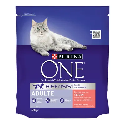 Purina ONE Bifensis Dual Defense Adulte cat food, 450g pack, visible text in French, image of a grey and white cat on purple packaging. Contains salmon and whole grains.