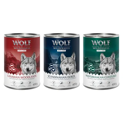 Sparpaket Wolf of Wilderness Adult 24 x 400 g - Mix: Triple Taste (6 x The Mediterranean, 6 x Scandinavia, 12 x Canada) Sparpaket Wolf of Wilderness Adult 24 x 400 g - Mix: Triple Taste (6 x The Mediterranean, 6 x Scandinavia, 12 x Canada)