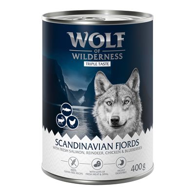 Wolf of Wilderness "The Taste Of" 6 x 400 g umido per cane Scandinavia - salmone, renna, pollo, mirtilli